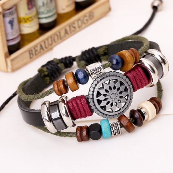 Jewelry - Green Leather Multistrand Bead Compass Bracelet